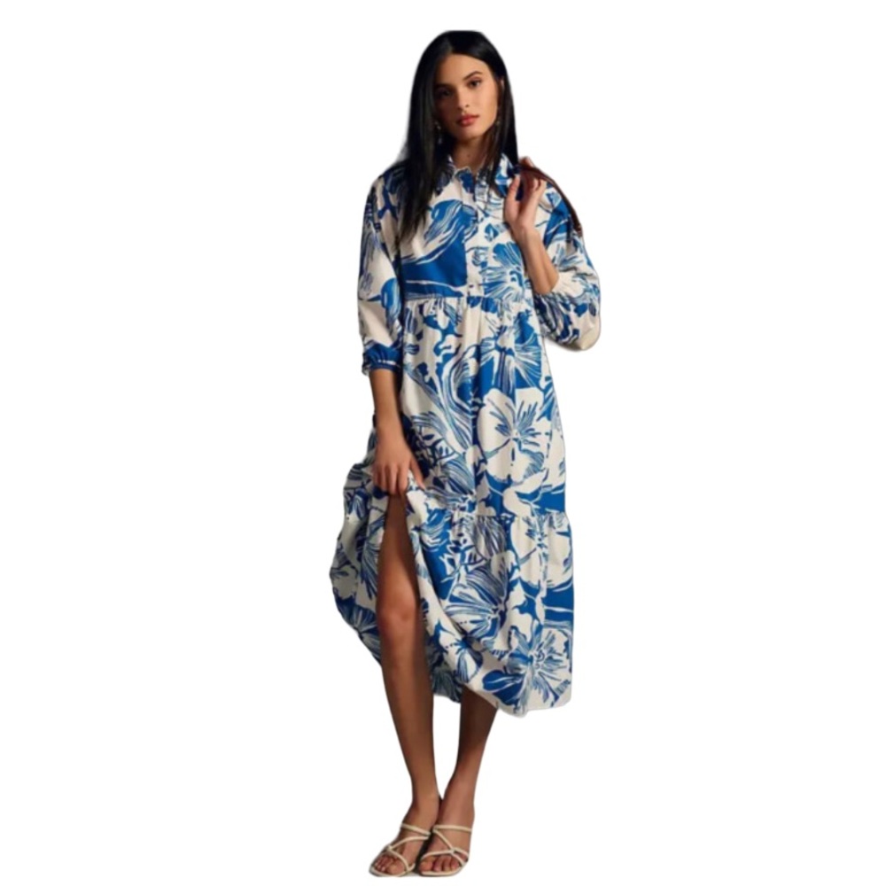 Anthropologie Maeve The Bettina Tiered Shirt Dress by Maeve Blue/White Size 1X